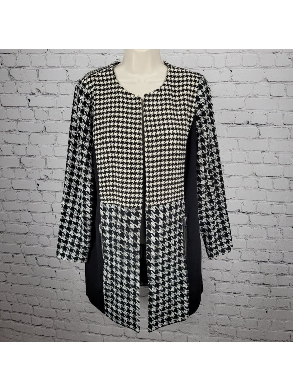 Chico's Black White Ivory Houndstooth Open Collarless Lined Jacket 1 US 8/10
